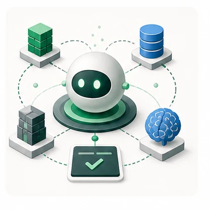 Ilustración de un agente de IA coordinando SAP, datos y tareas
